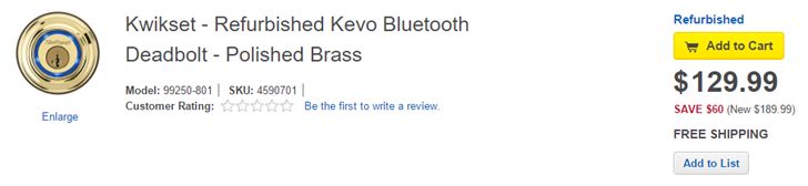 Fotografía - [Offre Alerte] Best Buy offre un Kwikset Kevo Bluetooth Verrouillage Réformé Pour 130 $ (70 $ de rabais) Aujourd'hui seulement